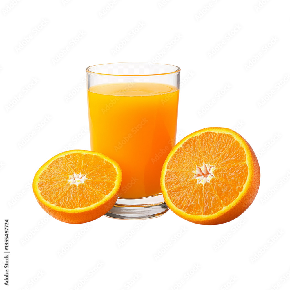 A glass of orange juice with two orange halves on a black background in a studio shot setting A glass of orange juice with two orange halves on a black background in a studio shot setting
