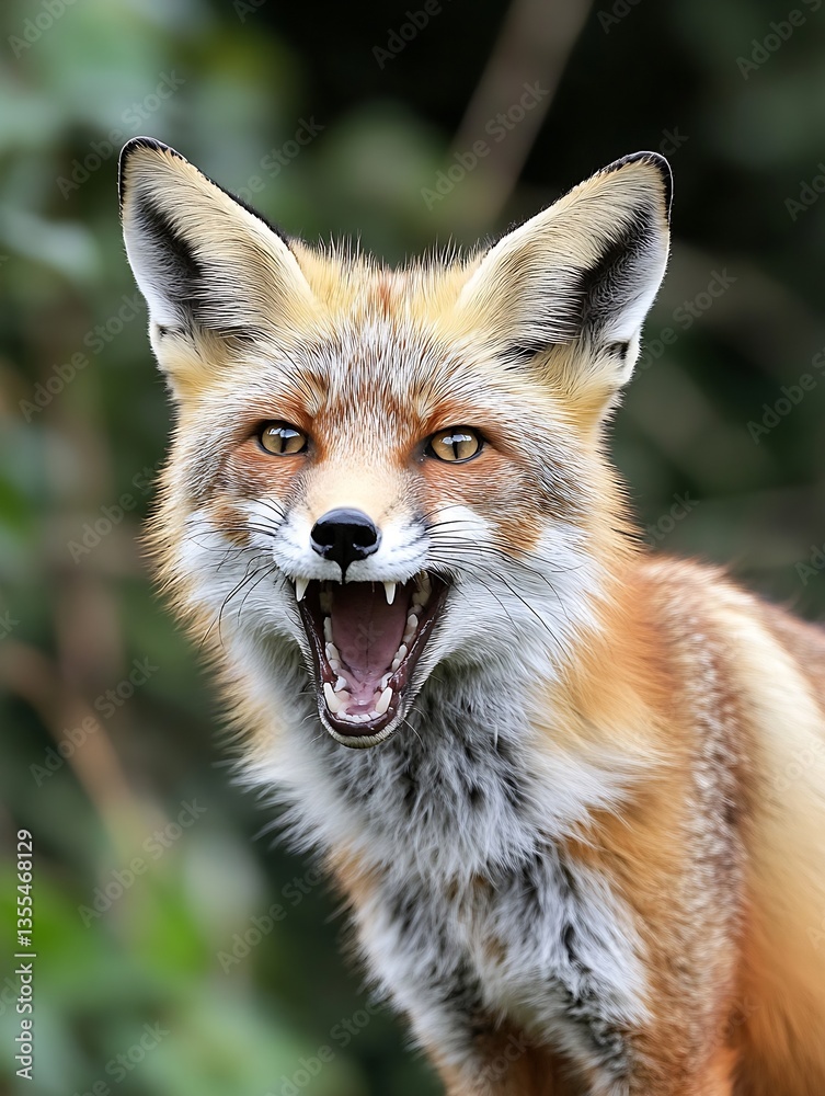 Fototapeta premium Vibrant red fox displaying aggression with wide open mouth and sharp teeth amidst a lush green background : Generative AI