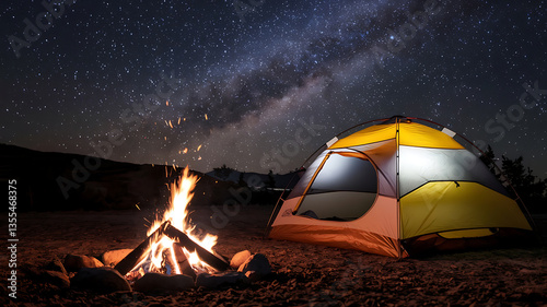 Camping under a starry night sky with a campfire and tent