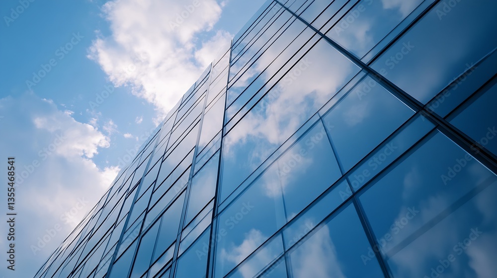 Reflective glass skyscraper reaching towards the blue sky with soft cloud coverage : Generative AI Reflective glass skyscraper reaching towards the blue sky with soft cloud coverage : Generative AI