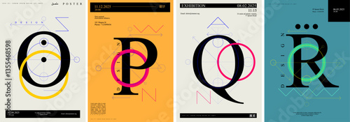 This bold typographic poster set highlights letters O, P, Q, and R, merging serif typefaces with geometric elements, circular overlays, and vivid modernist backgrounds in a design-forward style.