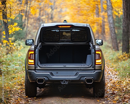 A modern vehicle with the tailgate open in the forest landscape