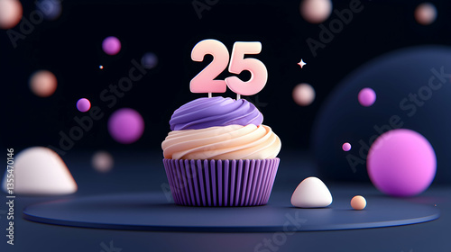 Purple and Pink Swirled Cupcake with 25 Candle for Anniversary
