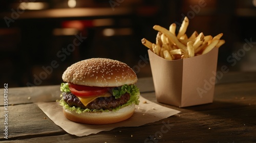 Hamburguesa con queso y papas fritas en restaurante