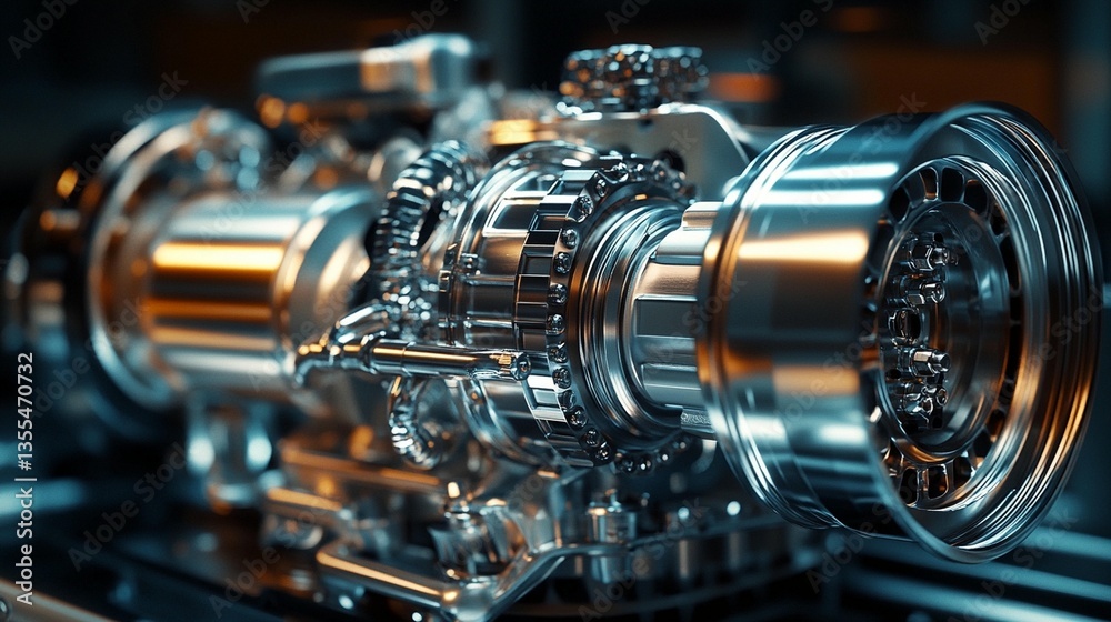 Fototapeta premium Close-up of a powerful, gleaming metallic engine's intricate internal components and gears.