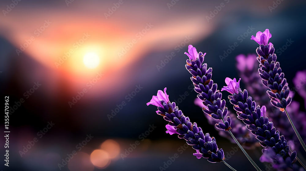 Fototapeta premium Purple Lavender Flowers at Sunset in Mountain Landscape