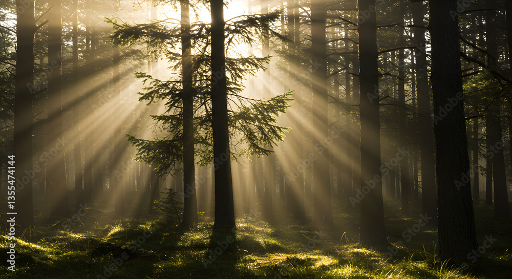 Fototapeta premium Sunlight Streaming Through Trees Creates a Mystical Forest Scene