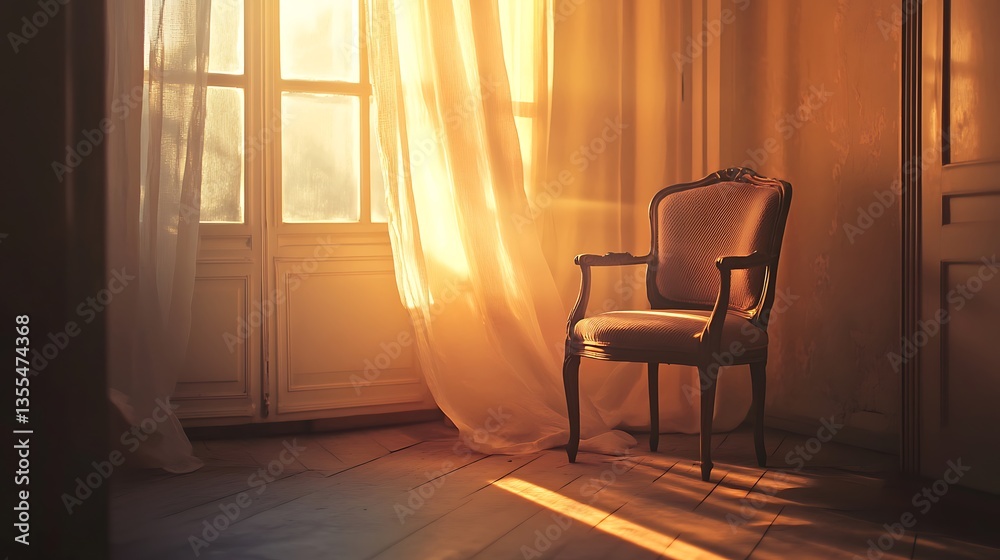 Fototapeta premium A vintage wooden chair sits near a sunlit window in a room
