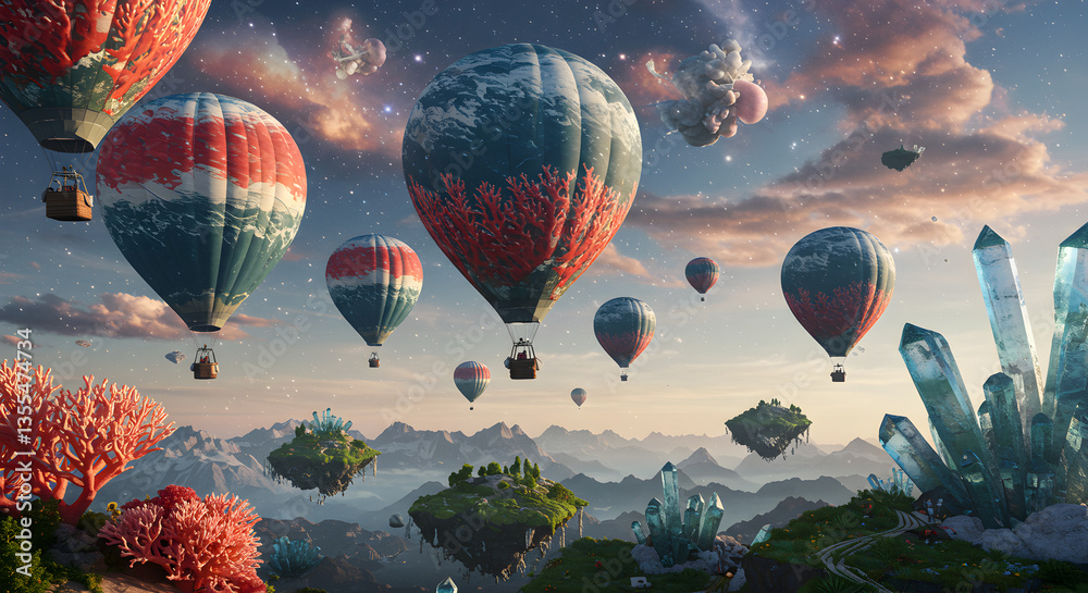 Fototapeta premium Hot Air Balloons Floating Above Surreal Landscape With Crystals and Islands
