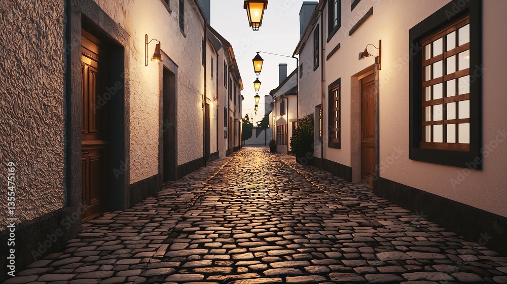 Naklejka premium Exploring a serene cobblestone alley in an ancient european town at dusk