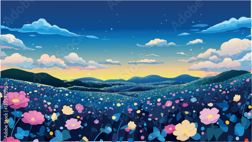 Vibrant Flower Fields Beneath Blue Skies  .eps