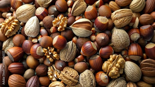 Dive into an abstract background featuring a diverse heap of assorted nuts, a unique and textured visual delight, Ai Generated.
