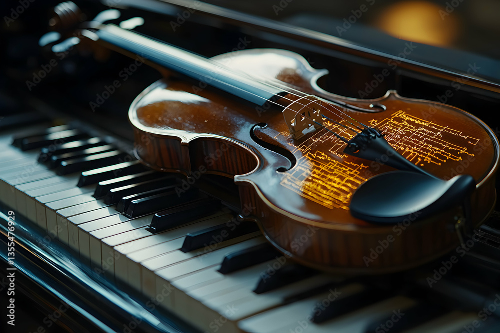 Fototapeta premium A violin rests on piano keys creating a warm and classical scene. This image would be fitting for music related events or promotional material