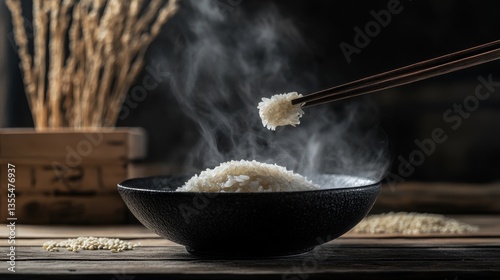 Tazón de arroz humeante con palillos