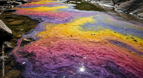 Colorful Water Flowing Through Rocky Stream with Algae Growth