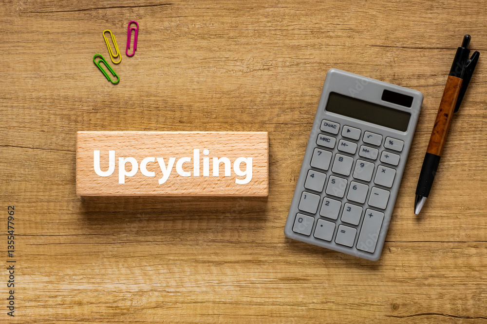 There is wood block with the word Upcycling. It is as an eye-catching image.