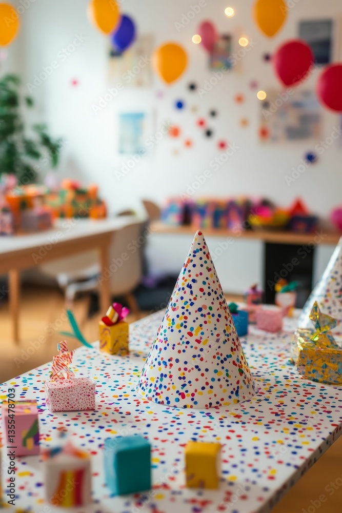 Naklejka premium Colorful party hat sits amidst festive gifts.