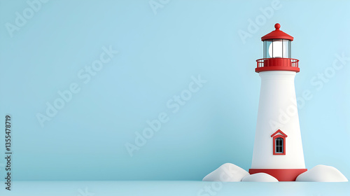 Red and White Lighthouse on a Light Blue Background
