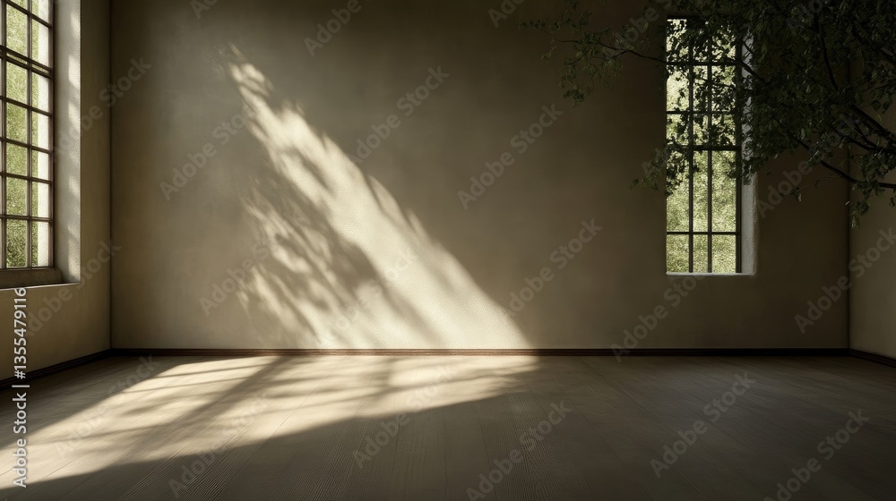 Fototapeta premium Empty room bathed in sunlight, shadows cast by foliage