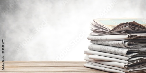 Stack of newspapers on a wooden table with a textured background in a studio setting for news