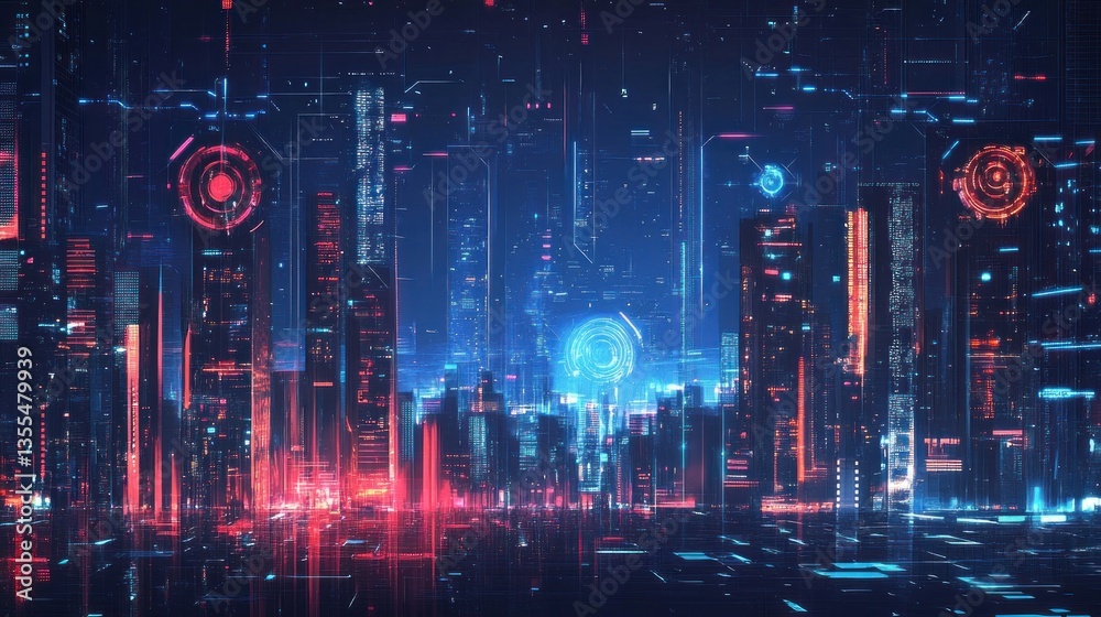 A smart city panel with urban digital projections. A smart city panel with urban digital projections.