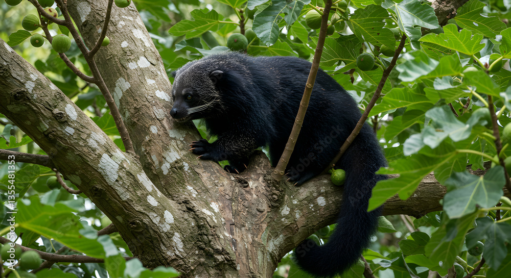 Resting Bearcat in Tree Canopy with Lush Green Foliage Resting Bearcat in Tree Canopy with Lush Green Foliage