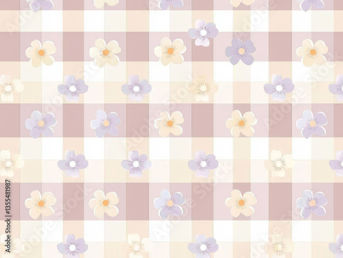 charming gingham pattern with pastel flowers creates soft, vintage feel. design features checkered background in muted tones, adorned with delicate floral motifs, perfect for textiles