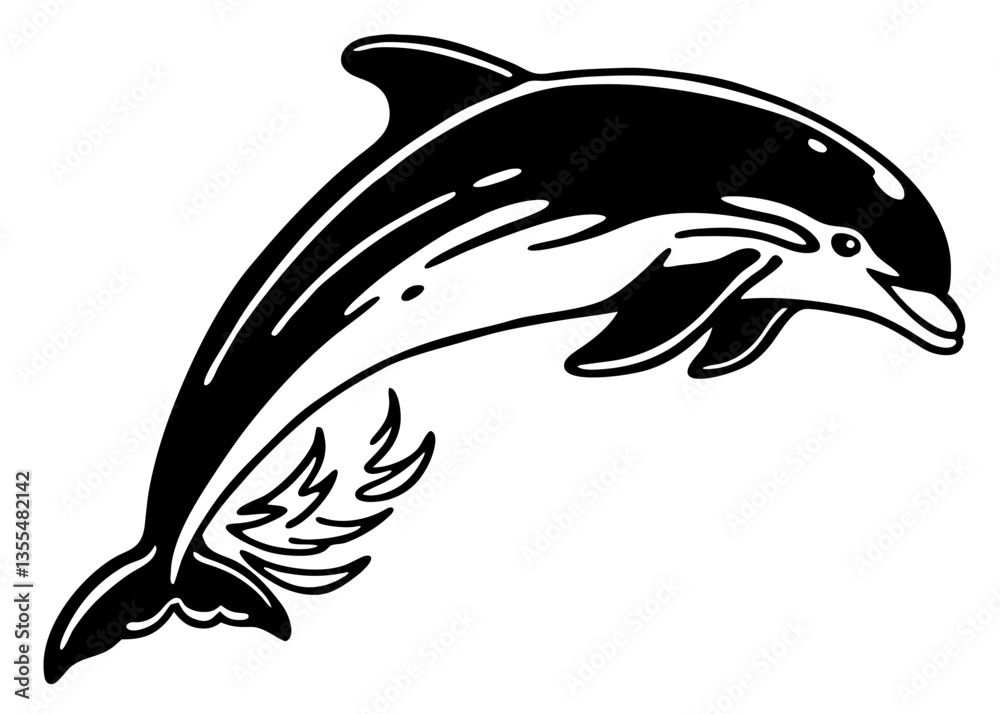 Playful Dolphin Silhouette: A sleek and dynamic illustration captures a dolphin in mid-leap, rendered in bold black and white, creating a striking visual. Playful Dolphin Silhouette: A sleek and dynamic illustration captures a dolphin in mid-leap, rendered in bold black and white, creating a striking visual.