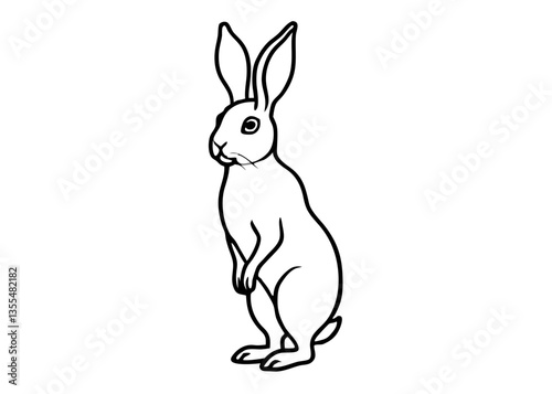 Hare Illustration: A charming outline of a hare standing upright, showcasing its distinctive long ears and alert posture. perfect for design.