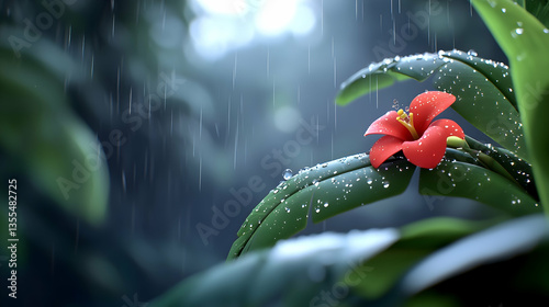 Red Flower in the Rain: Closeup of a Vibrant Blossom Among Green Leaves