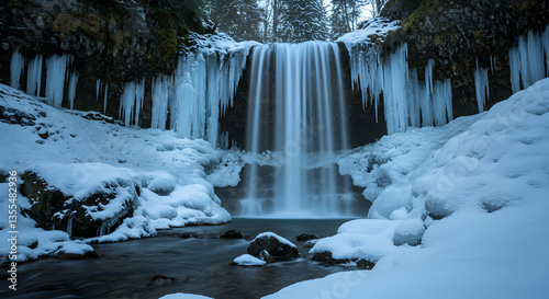 Flowing Waterfall and Snowy Landscape in Winter Nature Scenery