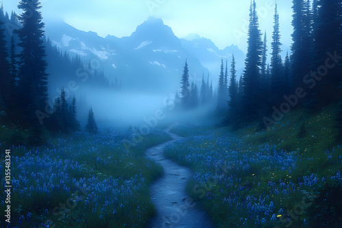 Misty Mountain Valley Path Filled With Blue Flowers