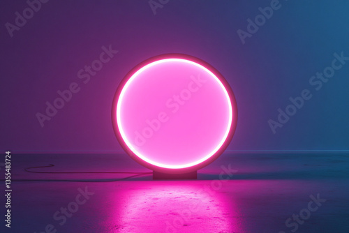 There is a red neon ring in the middle of a dark room