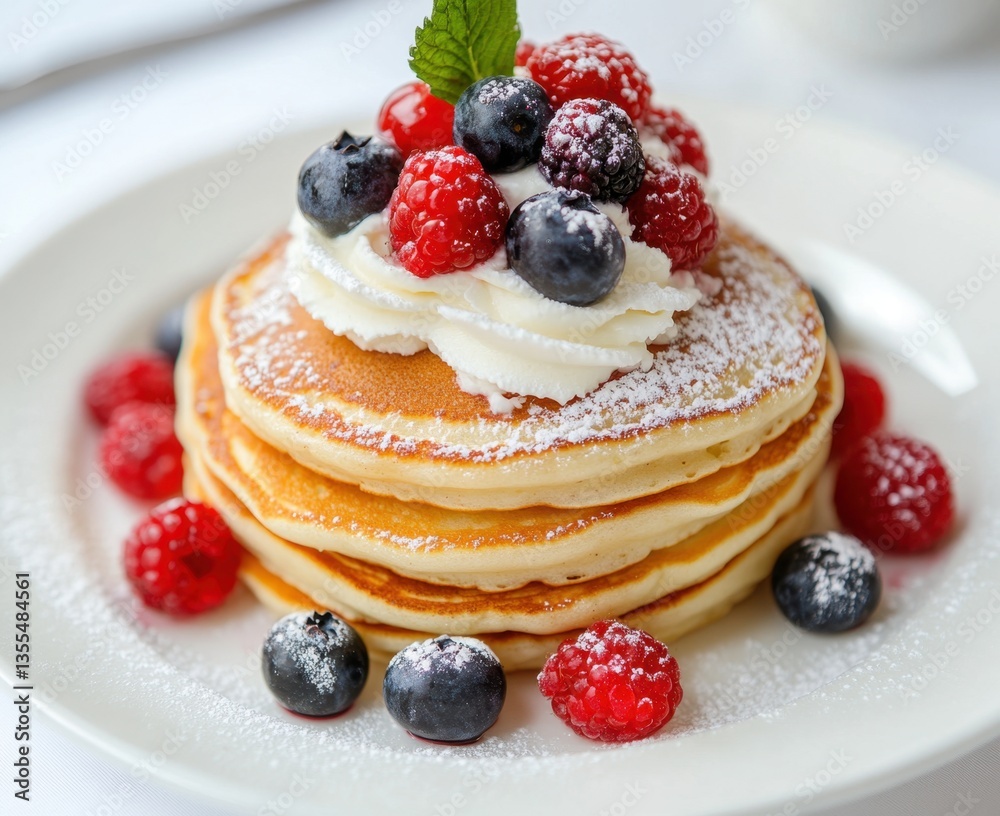 Stacked Pancakes with Berries and Whipped Cream Stacked Pancakes with Berries and Whipped Cream