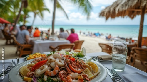 Beachfront Dining Fresh Seafood Salad in Tropical Paradise.