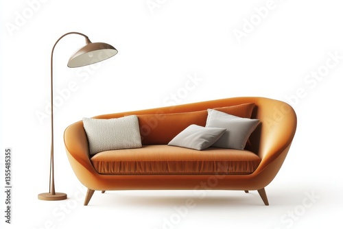 3D depiction of a cozy interior featuring a sofa lamp and bookshelf for a guest room Ad