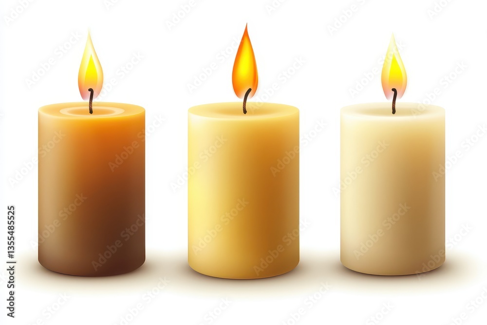 3D realistic paraffin wax candle and flame set isolated closeup Design template for rela 3D realistic paraffin wax candle and flame set isolated closeup Design template for rela