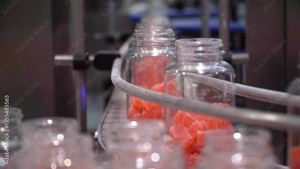 Nutritional supplement jars on the packaging process on a confectionery factory facility