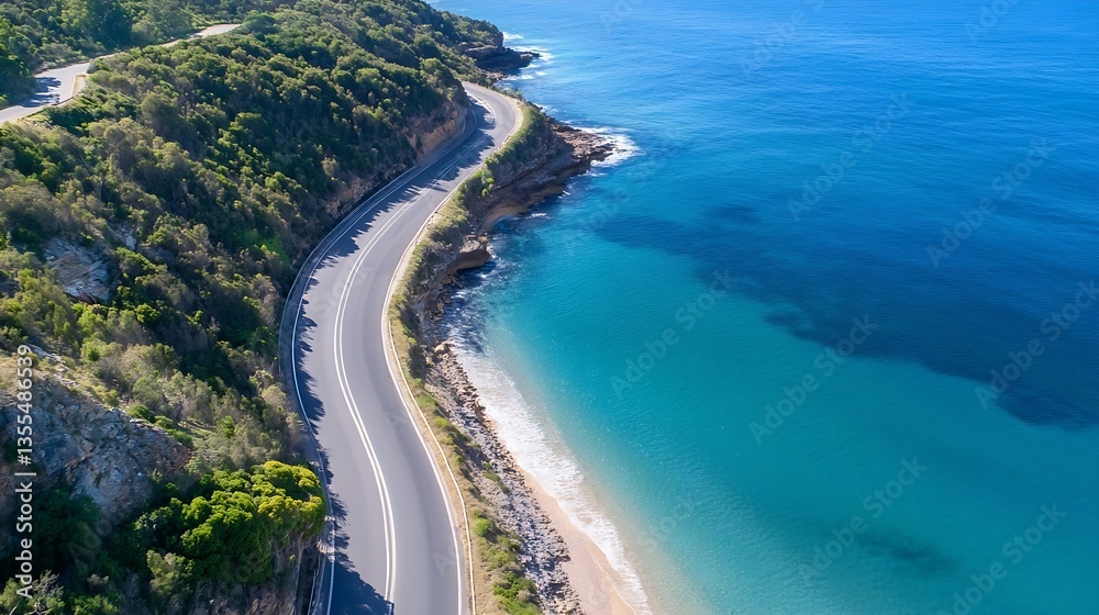 Fototapeta premium Breathtaking aerial view of coastline with winding road and sparkling blue ocean on a sunny day : Generative AI