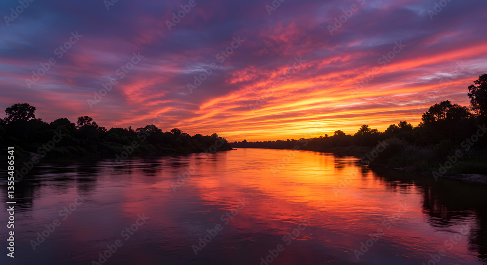 River Reflecting Colorful Sky at Sunset with Trees Silhouetted River Reflecting Colorful Sky at Sunset with Trees Silhouetted
