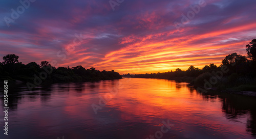 River Reflecting Colorful Sky at Sunset with Trees Silhouetted