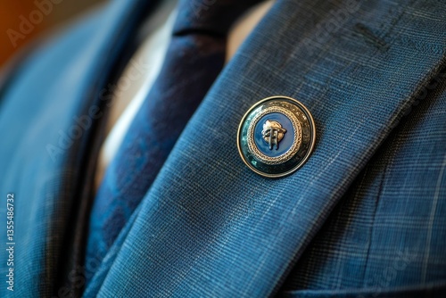 Elegant blue suit lapel pin detail