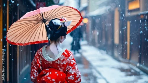 Japanese geisha woman walking street in snow