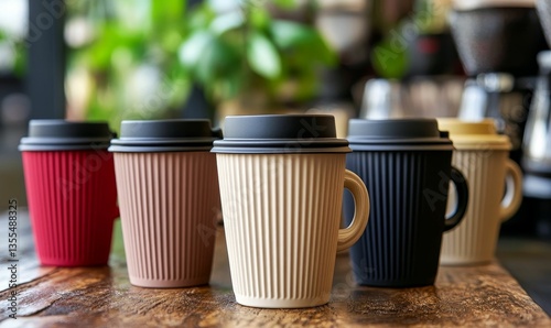 Colorful ribbed coffee cups on wood table