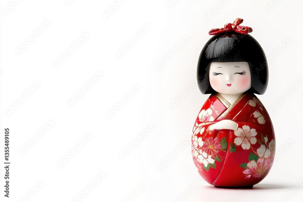 An elegant Japanese doll set against a white backdrop An elegant Japanese doll set against a white backdrop