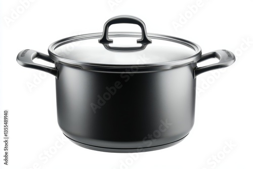An empty aluminum soup pot with non stick surface on a white background viewed from above