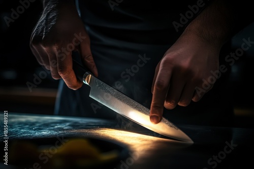 Anonymous male cook honing knife in dimly lit kitchen