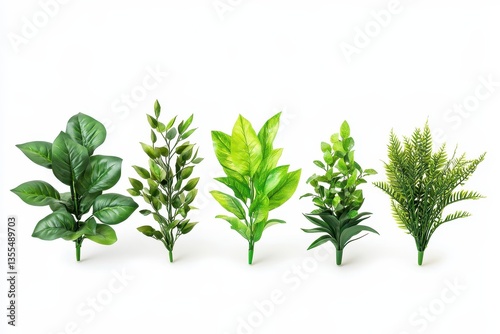 Artificial plants arranged on a white surface