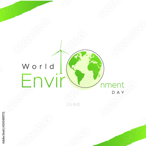 A modern and minimalistic World Environment Day banner featuring a clean design with wind turbines, a city skyline, and a globe icon. The eco-friendly theme promotes renewable energy, sustainability