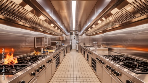 Culinary Hub: A professional kitchen, gleaming with stainless steel, set alight with open flames in a cookery, embodying a focus on cooking and culinary excellence.
